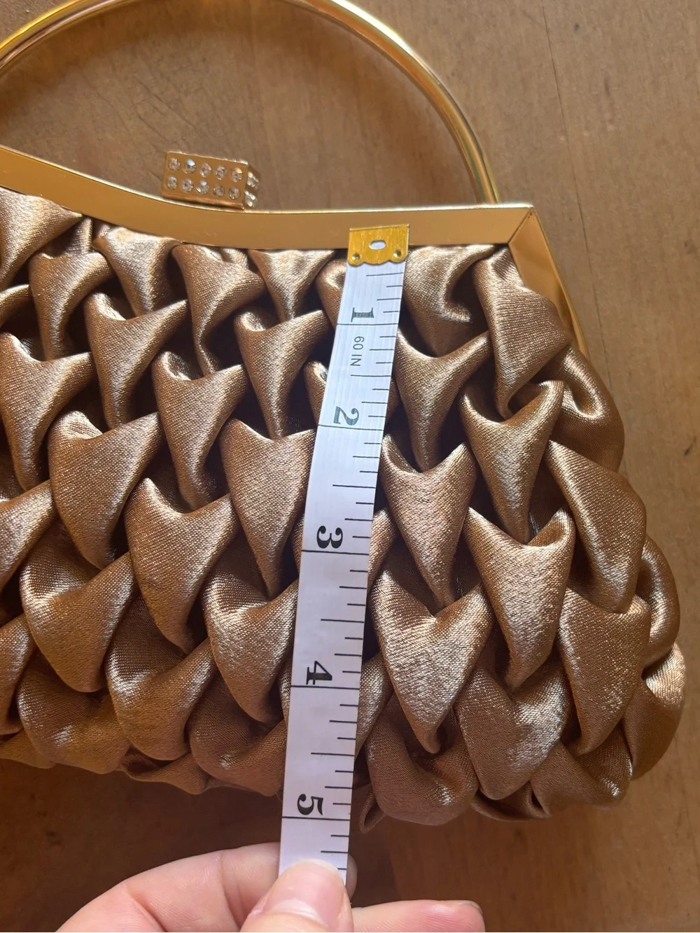 NWT Gold Pleated Satin Evening Clutch with Rhinestone Clasp Chain Strap Event
